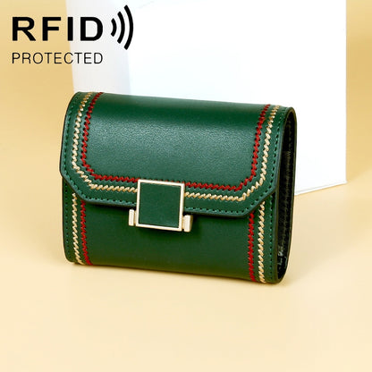 KB190 Cover Type Snap Button Cowhide Leather Organ Shape Multiple Card Slots Anti-magnetic RFID Wallet for Ladies(Army Green) by bashfashion