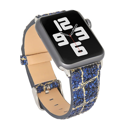 For Apple Watch Series 8&7 41mm / SE 2&6&SE&5&4 40mm / 3&2&1 38mm Glitter Sequins Leather Watch Band(Blue Gold) by bashfashion