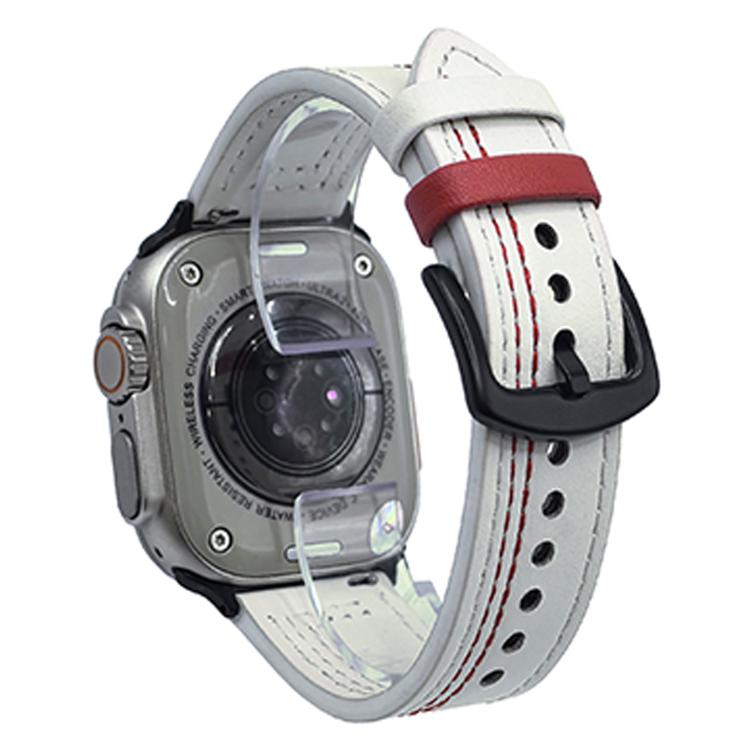 For Apple Watch 46mm / 49mm / 45mm / 44mm 7-Line Tri-Star Buckle Pull Up Leather Watch Band(Beige Red Thread) by bashfashion