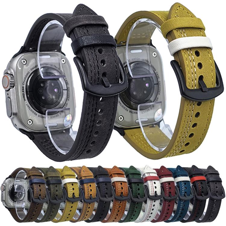 For Apple Watch 42mm / 41mm / 40mm / 38mm 7-Line Tri-Star Buckle Pull Up Leather Watch Band(Burgundy White Thread) by bashfashion