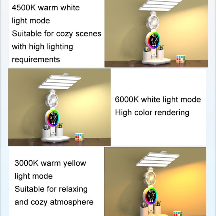 4 Heads Horizontal LED Eye-Care Table Lamp Children Study Desktop Reading Light With Pen Holder, Style: Fan Clock Plug Power by bashfashion