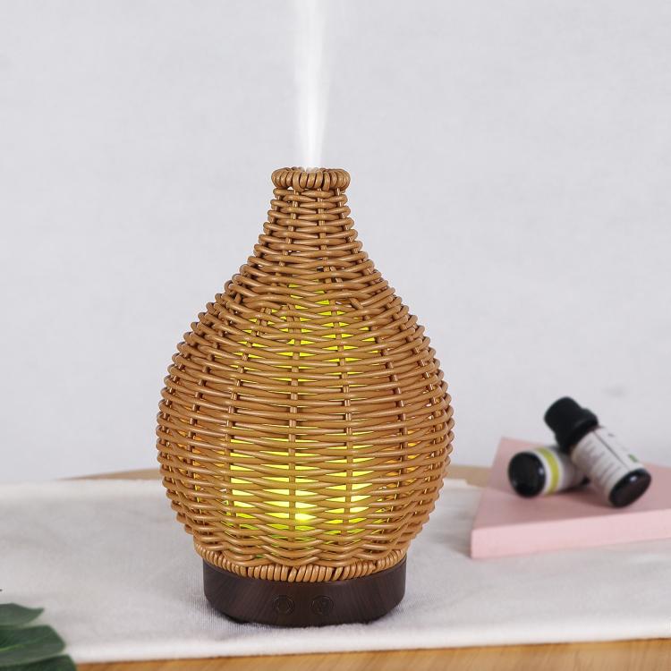 5V USB 100ML Hollow Rattan Ultrasonic Humidifier & Aromatherapy Diffuser with 7-Color LED Lights(Dark Wood Grain) by bashfashion